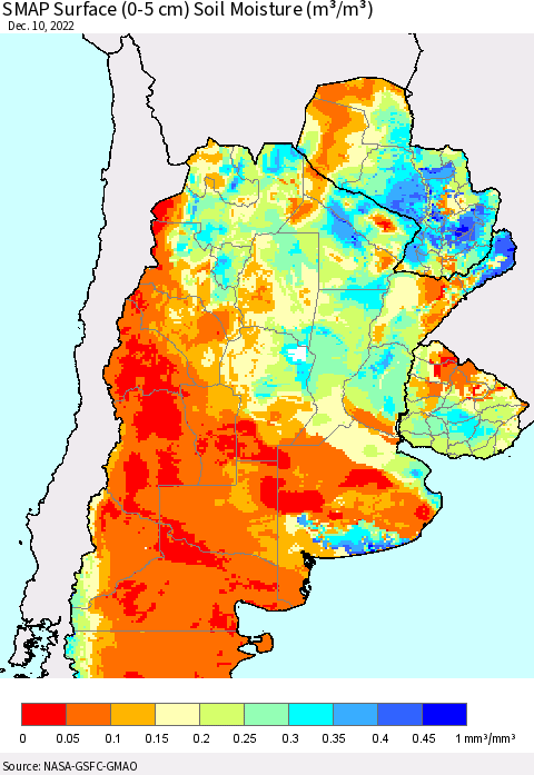 Southern South America SMAP Surface (0-5 cm) Soil Moisture (m³/m³) Thematic Map For 12/6/2022 - 12/10/2022