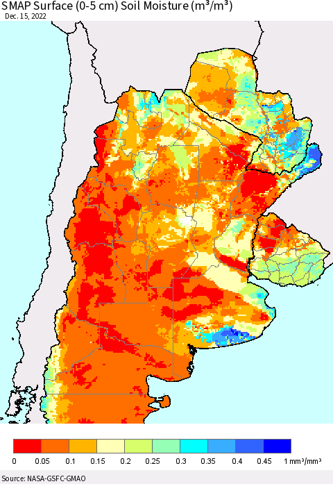 Southern South America SMAP Surface (0-5 cm) Soil Moisture (m³/m³) Thematic Map For 12/11/2022 - 12/15/2022
