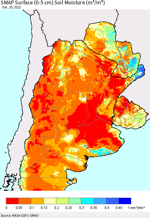 Southern South America SMAP Surface (0-5 cm) Soil Moisture (m³/m³) Thematic Map For 12/16/2022 - 12/20/2022