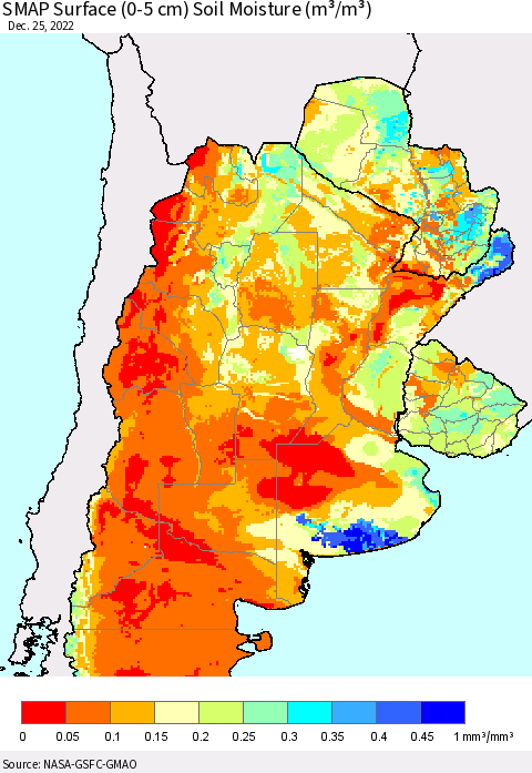 Southern South America SMAP Surface (0-5 cm) Soil Moisture (m³/m³) Thematic Map For 12/21/2022 - 12/25/2022