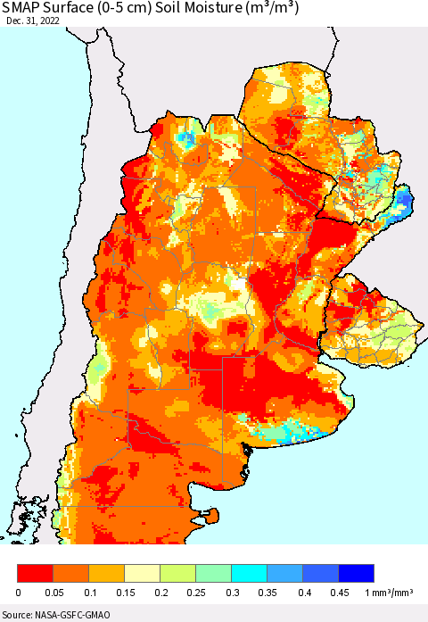 Southern South America SMAP Surface (0-5 cm) Soil Moisture (m³/m³) Thematic Map For 12/26/2022 - 12/31/2022