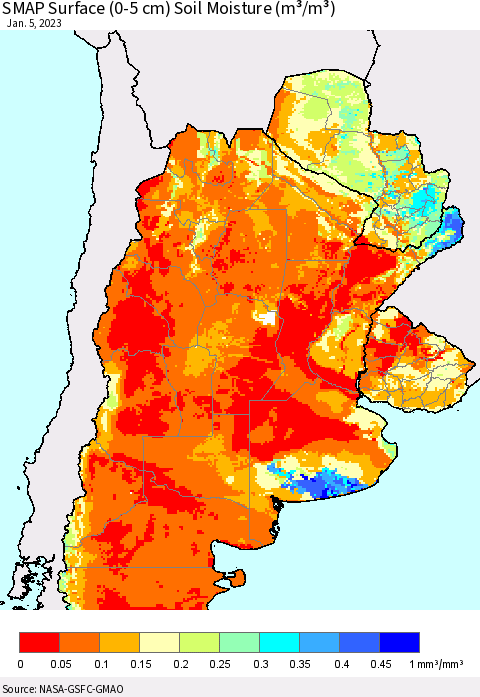 Southern South America SMAP Surface (0-5 cm) Soil Moisture (m³/m³) Thematic Map For 1/1/2023 - 1/5/2023