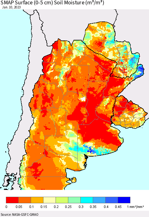 Southern South America SMAP Surface (0-5 cm) Soil Moisture (m³/m³) Thematic Map For 1/6/2023 - 1/10/2023