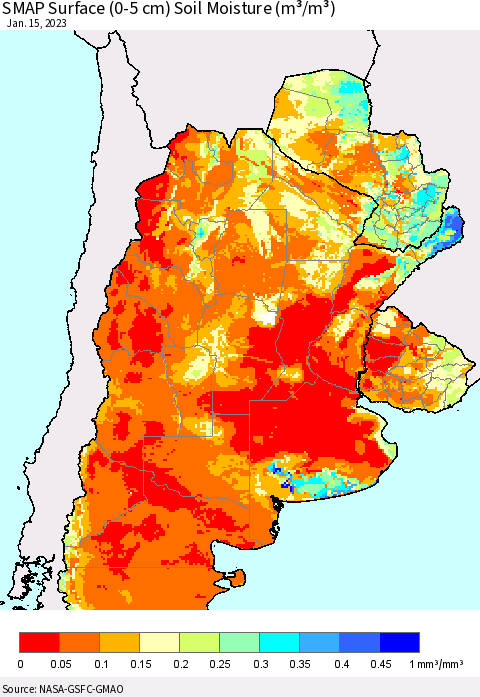 Southern South America SMAP Surface (0-5 cm) Soil Moisture (m³/m³) Thematic Map For 1/11/2023 - 1/15/2023