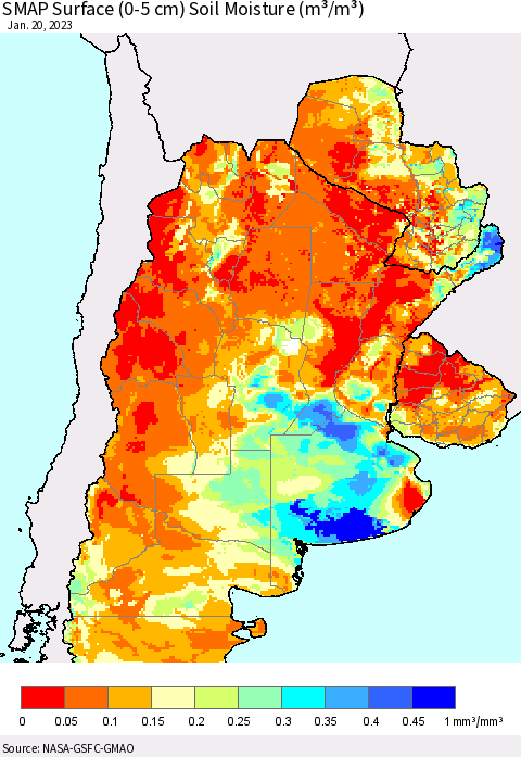 Southern South America SMAP Surface (0-5 cm) Soil Moisture (m³/m³) Thematic Map For 1/16/2023 - 1/20/2023