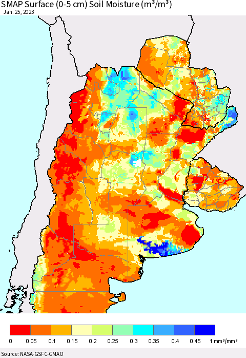 Southern South America SMAP Surface (0-5 cm) Soil Moisture (m³/m³) Thematic Map For 1/21/2023 - 1/25/2023