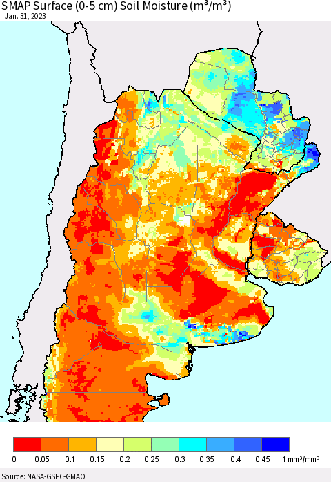 Southern South America SMAP Surface (0-5 cm) Soil Moisture (m³/m³) Thematic Map For 1/26/2023 - 1/31/2023