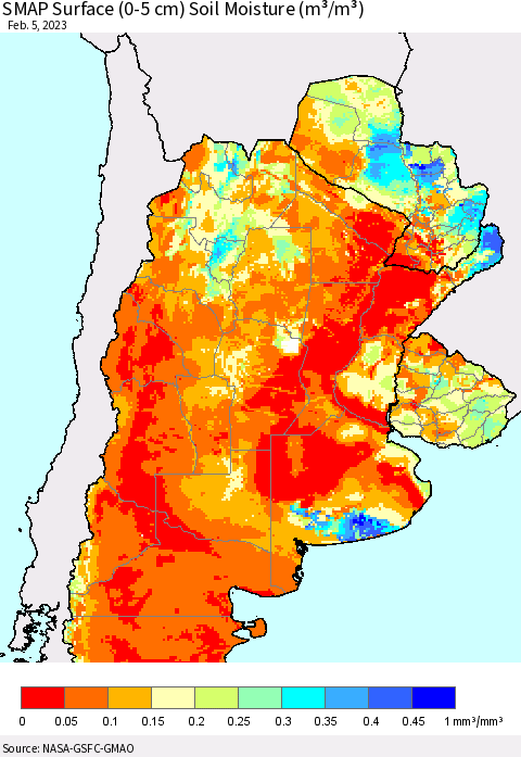 Southern South America SMAP Surface (0-5 cm) Soil Moisture (m³/m³) Thematic Map For 2/1/2023 - 2/5/2023