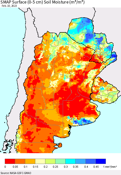 Southern South America SMAP Surface (0-5 cm) Soil Moisture (m³/m³) Thematic Map For 2/6/2023 - 2/10/2023