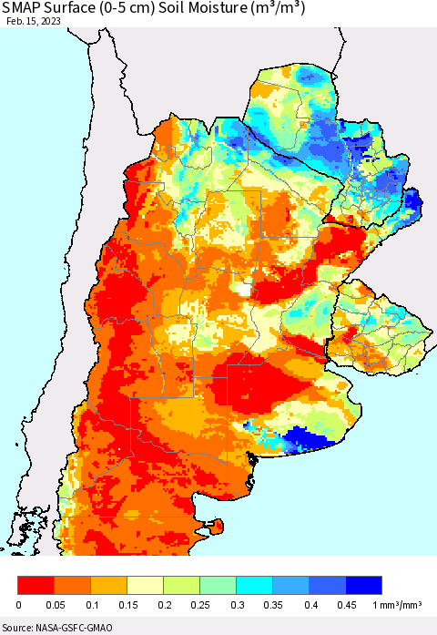 Southern South America SMAP Surface (0-5 cm) Soil Moisture (m³/m³) Thematic Map For 2/11/2023 - 2/15/2023