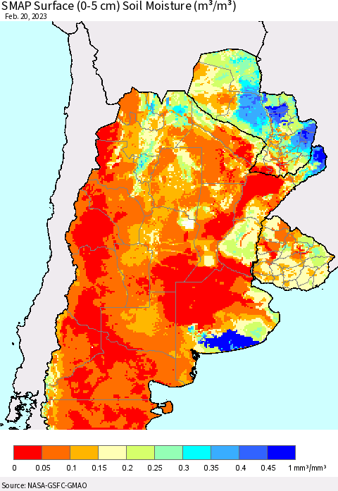 Southern South America SMAP Surface (0-5 cm) Soil Moisture (m³/m³) Thematic Map For 2/16/2023 - 2/20/2023