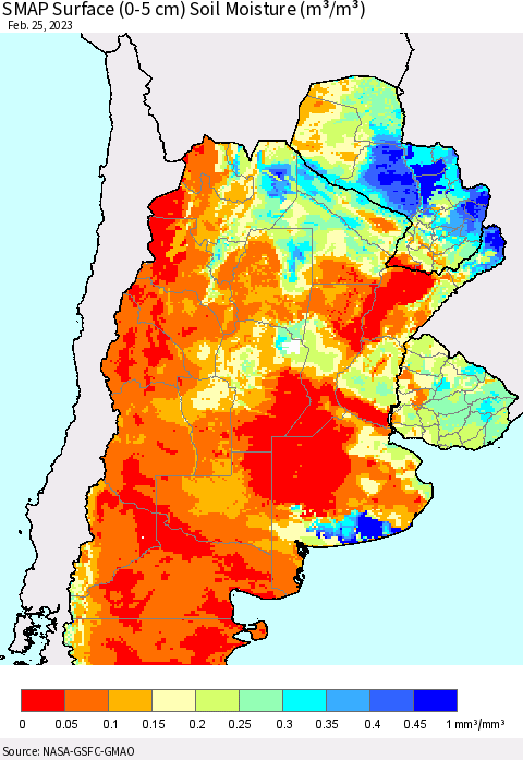 Southern South America SMAP Surface (0-5 cm) Soil Moisture (m³/m³) Thematic Map For 2/21/2023 - 2/25/2023
