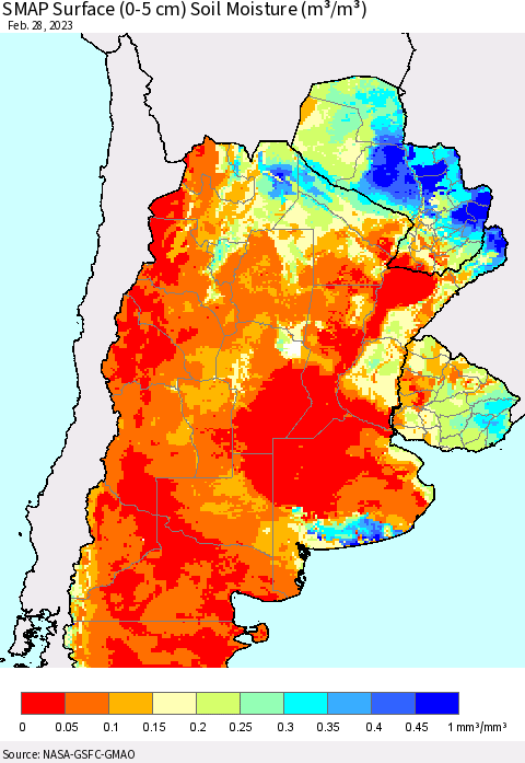 Southern South America SMAP Surface (0-5 cm) Soil Moisture (m³/m³) Thematic Map For 2/26/2023 - 2/28/2023