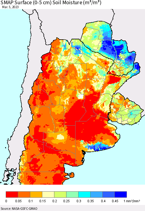 Southern South America SMAP Surface (0-5 cm) Soil Moisture (m³/m³) Thematic Map For 3/1/2023 - 3/5/2023