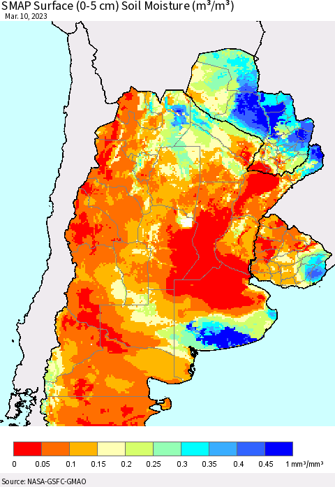 Southern South America SMAP Surface (0-5 cm) Soil Moisture (m³/m³) Thematic Map For 3/6/2023 - 3/10/2023