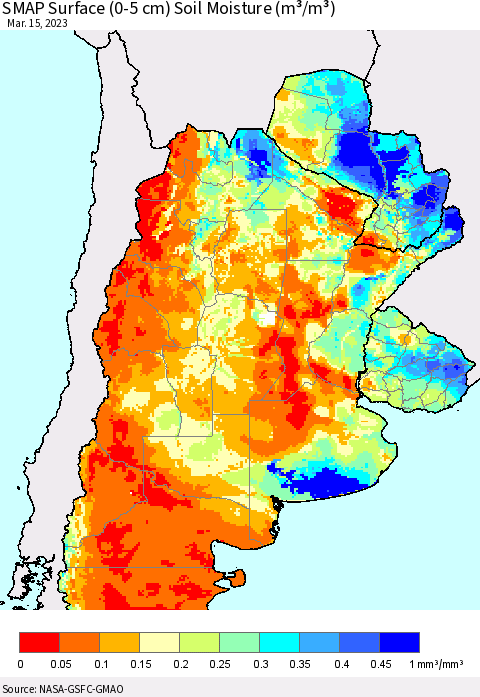 Southern South America SMAP Surface (0-5 cm) Soil Moisture (m³/m³) Thematic Map For 3/11/2023 - 3/15/2023