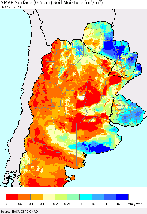Southern South America SMAP Surface (0-5 cm) Soil Moisture (m³/m³) Thematic Map For 3/16/2023 - 3/20/2023