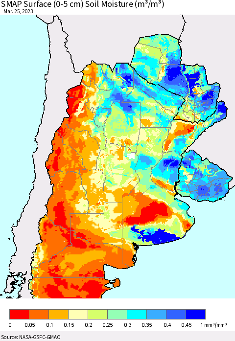 Southern South America SMAP Surface (0-5 cm) Soil Moisture (m³/m³) Thematic Map For 3/21/2023 - 3/25/2023