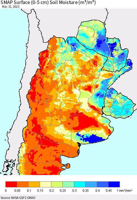 Southern South America SMAP Surface (0-5 cm) Soil Moisture (m³/m³) Thematic Map For 3/26/2023 - 3/31/2023