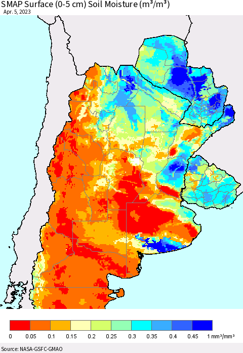 Southern South America SMAP Surface (0-5 cm) Soil Moisture (m³/m³) Thematic Map For 4/1/2023 - 4/5/2023