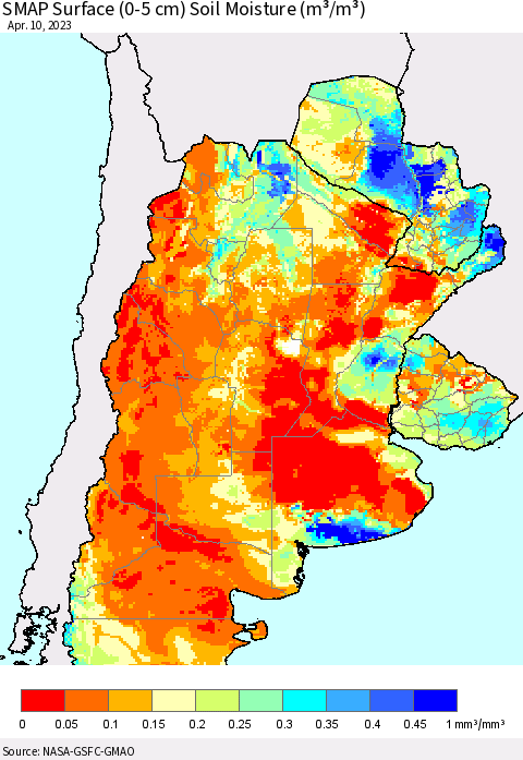 Southern South America SMAP Surface (0-5 cm) Soil Moisture (m³/m³) Thematic Map For 4/6/2023 - 4/10/2023