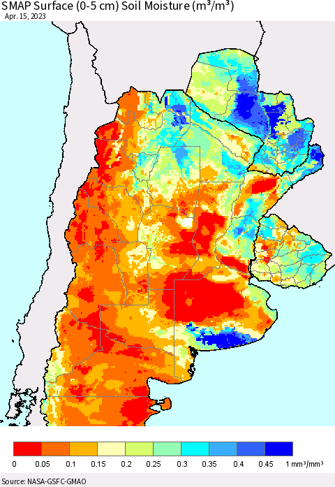 Southern South America SMAP Surface (0-5 cm) Soil Moisture (m³/m³) Thematic Map For 4/11/2023 - 4/15/2023