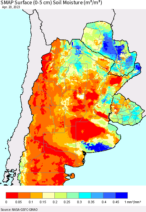 Southern South America SMAP Surface (0-5 cm) Soil Moisture (m³/m³) Thematic Map For 4/16/2023 - 4/20/2023