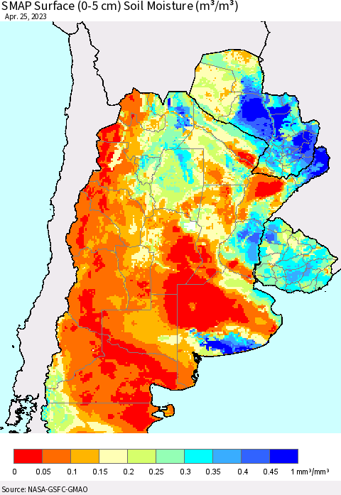 Southern South America SMAP Surface (0-5 cm) Soil Moisture (m³/m³) Thematic Map For 4/21/2023 - 4/25/2023