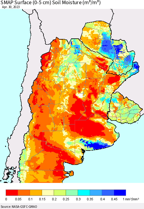 Southern South America SMAP Surface (0-5 cm) Soil Moisture (m³/m³) Thematic Map For 4/26/2023 - 4/30/2023