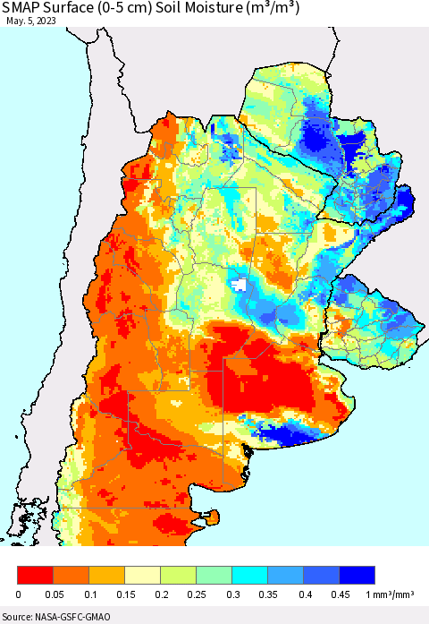 Southern South America SMAP Surface (0-5 cm) Soil Moisture (m³/m³) Thematic Map For 5/1/2023 - 5/5/2023