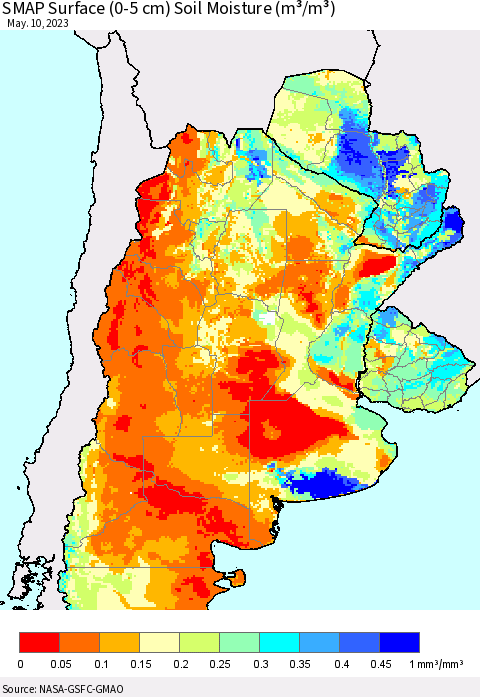 Southern South America SMAP Surface (0-5 cm) Soil Moisture (m³/m³) Thematic Map For 5/6/2023 - 5/10/2023