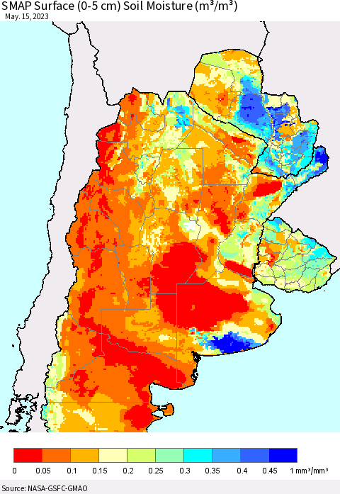 Southern South America SMAP Surface (0-5 cm) Soil Moisture (m³/m³) Thematic Map For 5/11/2023 - 5/15/2023