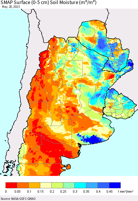 Southern South America SMAP Surface (0-5 cm) Soil Moisture (m³/m³) Thematic Map For 5/16/2023 - 5/20/2023