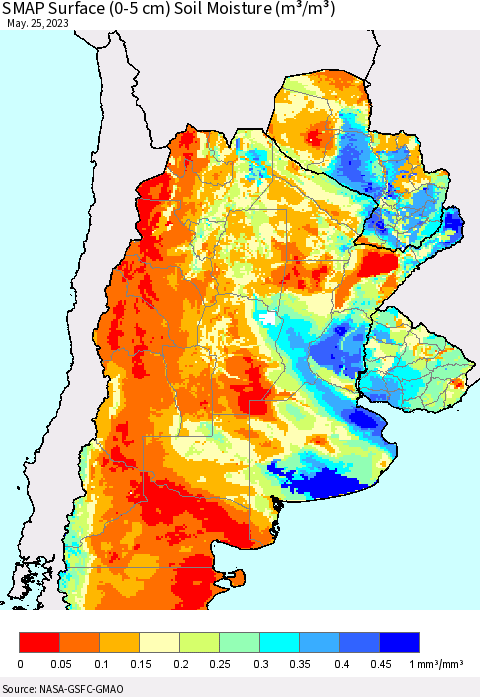 Southern South America SMAP Surface (0-5 cm) Soil Moisture (m³/m³) Thematic Map For 5/21/2023 - 5/25/2023