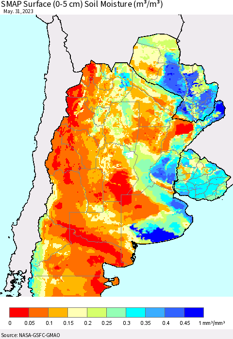 Southern South America SMAP Surface (0-5 cm) Soil Moisture (m³/m³) Thematic Map For 5/26/2023 - 5/31/2023