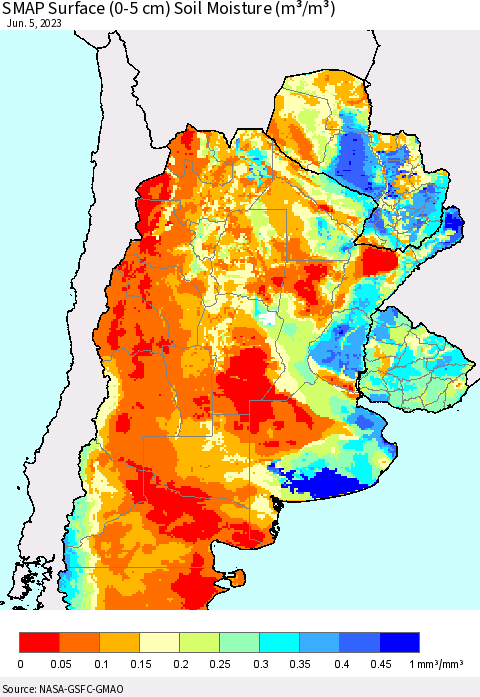 Southern South America SMAP Surface (0-5 cm) Soil Moisture (m³/m³) Thematic Map For 6/1/2023 - 6/5/2023