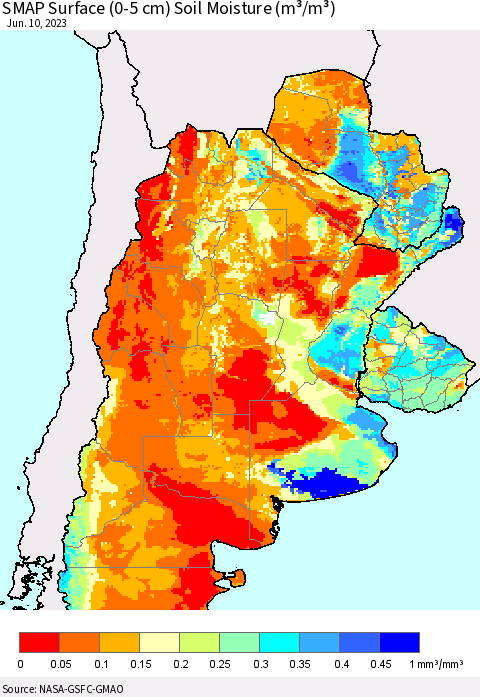 Southern South America SMAP Surface (0-5 cm) Soil Moisture (m³/m³) Thematic Map For 6/6/2023 - 6/10/2023
