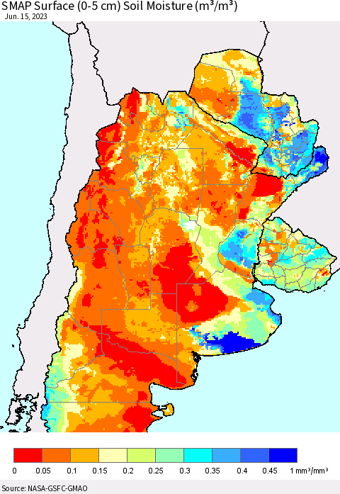 Southern South America SMAP Surface (0-5 cm) Soil Moisture (m³/m³) Thematic Map For 6/11/2023 - 6/15/2023