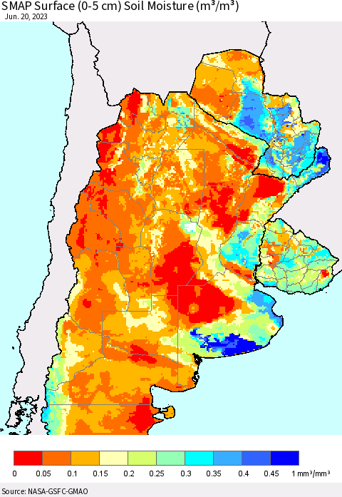 Southern South America SMAP Surface (0-5 cm) Soil Moisture (m³/m³) Thematic Map For 6/16/2023 - 6/20/2023
