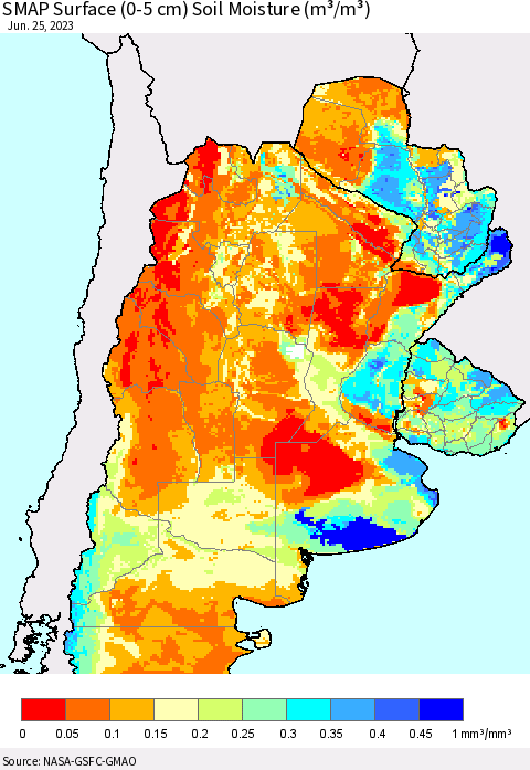Southern South America SMAP Surface (0-5 cm) Soil Moisture (m³/m³) Thematic Map For 6/21/2023 - 6/25/2023