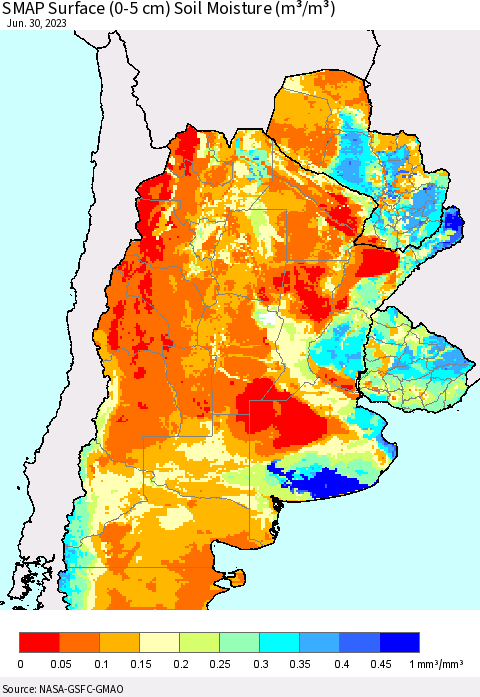Southern South America SMAP Surface (0-5 cm) Soil Moisture (m³/m³) Thematic Map For 6/26/2023 - 6/30/2023