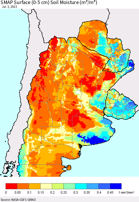 Southern South America SMAP Surface (0-5 cm) Soil Moisture (m³/m³) Thematic Map For 7/1/2023 - 7/5/2023