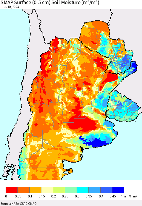 Southern South America SMAP Surface (0-5 cm) Soil Moisture (m³/m³) Thematic Map For 7/6/2023 - 7/10/2023