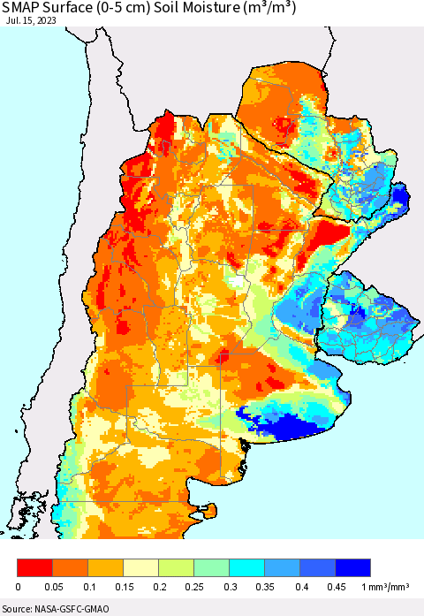 Southern South America SMAP Surface (0-5 cm) Soil Moisture (m³/m³) Thematic Map For 7/11/2023 - 7/15/2023
