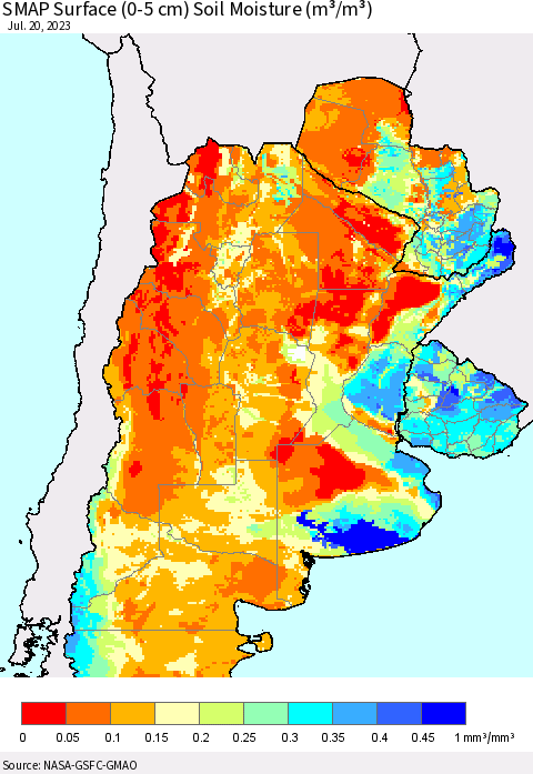 Southern South America SMAP Surface (0-5 cm) Soil Moisture (m³/m³) Thematic Map For 7/16/2023 - 7/20/2023