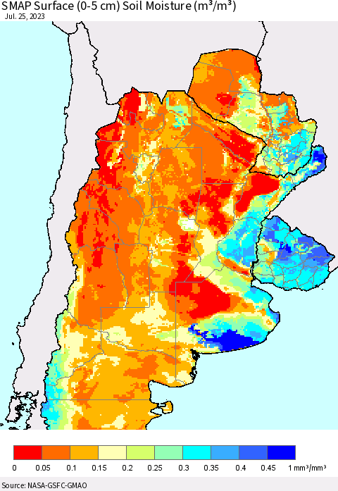 Southern South America SMAP Surface (0-5 cm) Soil Moisture (m³/m³) Thematic Map For 7/21/2023 - 7/25/2023