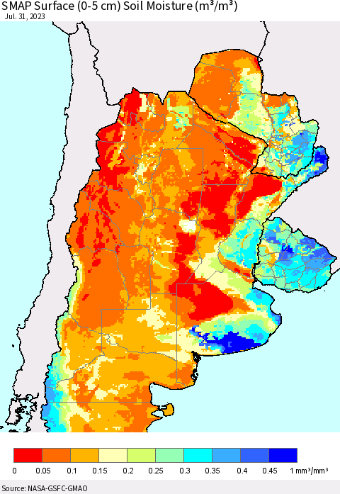 Southern South America SMAP Surface (0-5 cm) Soil Moisture (m³/m³) Thematic Map For 7/26/2023 - 7/31/2023