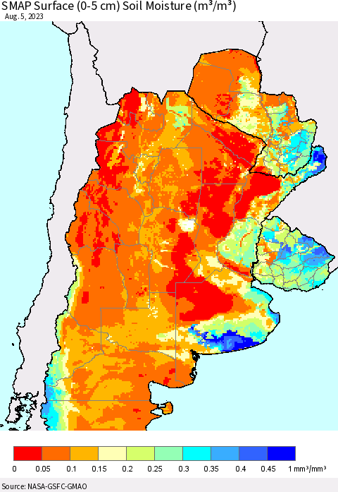 Southern South America SMAP Surface (0-5 cm) Soil Moisture (m³/m³) Thematic Map For 8/1/2023 - 8/5/2023