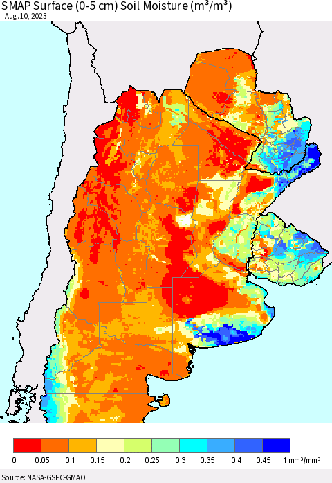 Southern South America SMAP Surface (0-5 cm) Soil Moisture (m³/m³) Thematic Map For 8/6/2023 - 8/10/2023