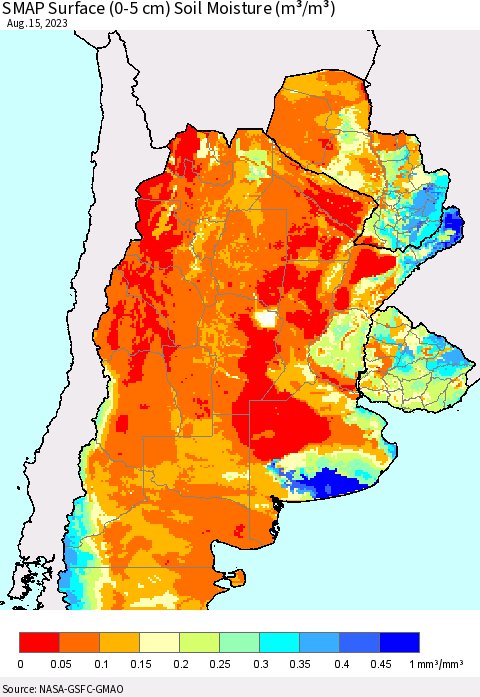 Southern South America SMAP Surface (0-5 cm) Soil Moisture (m³/m³) Thematic Map For 8/11/2023 - 8/15/2023
